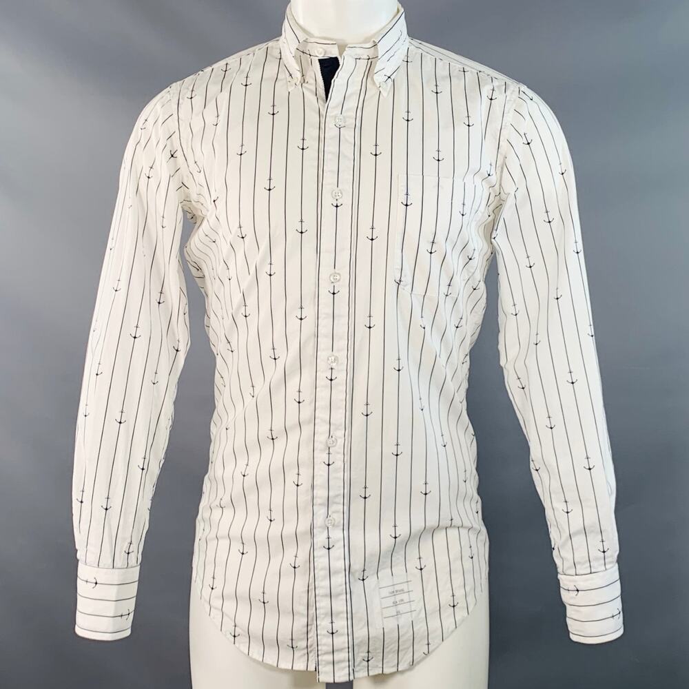 THOM BROWNE S White Navy Nautical Pinstripe Cotton One Pocket Long Sleeve Shirt